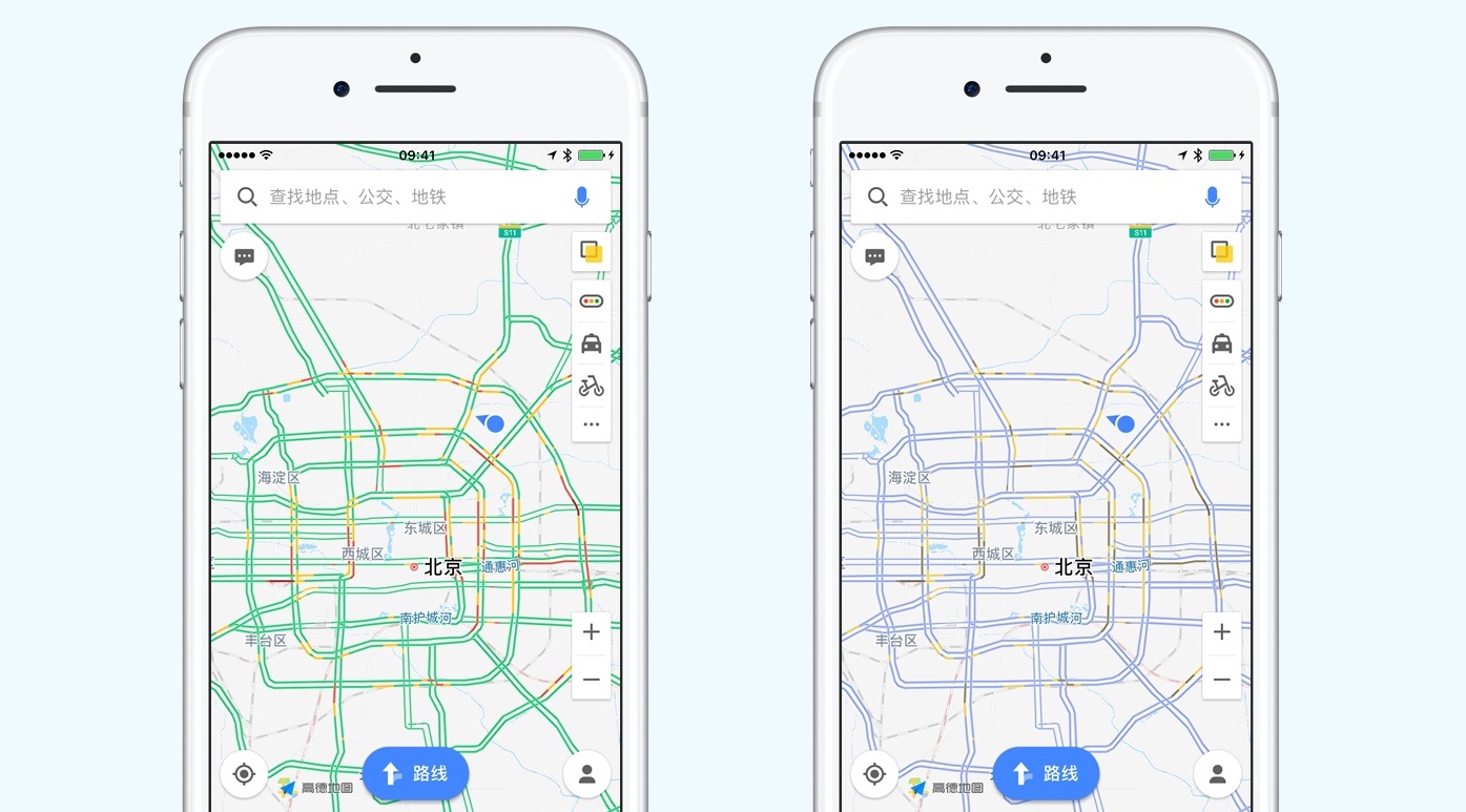 Amap, Alibaba's digital mapping and navigation platform, launched a new color-blind mode to its app in 2016. It makes the colors on the map more discernible for color-blind users, helping them see real-time traffic conditions.