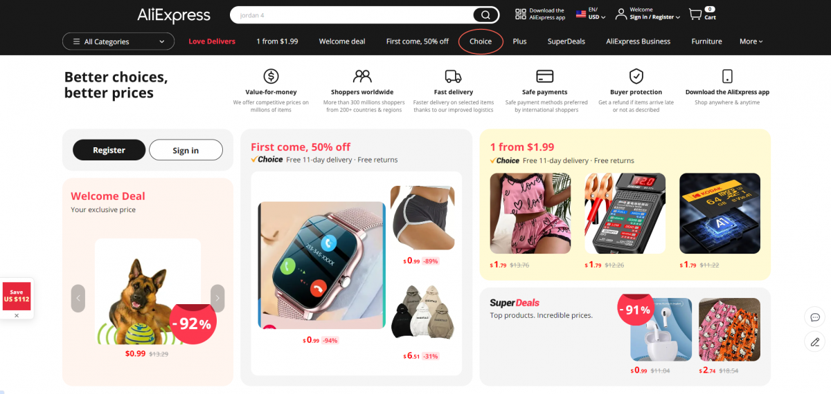 Choice Displayed On The Aliexpress Homepage